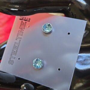 NWT blue and stainless steel stud earrings with swarkowski crystals
